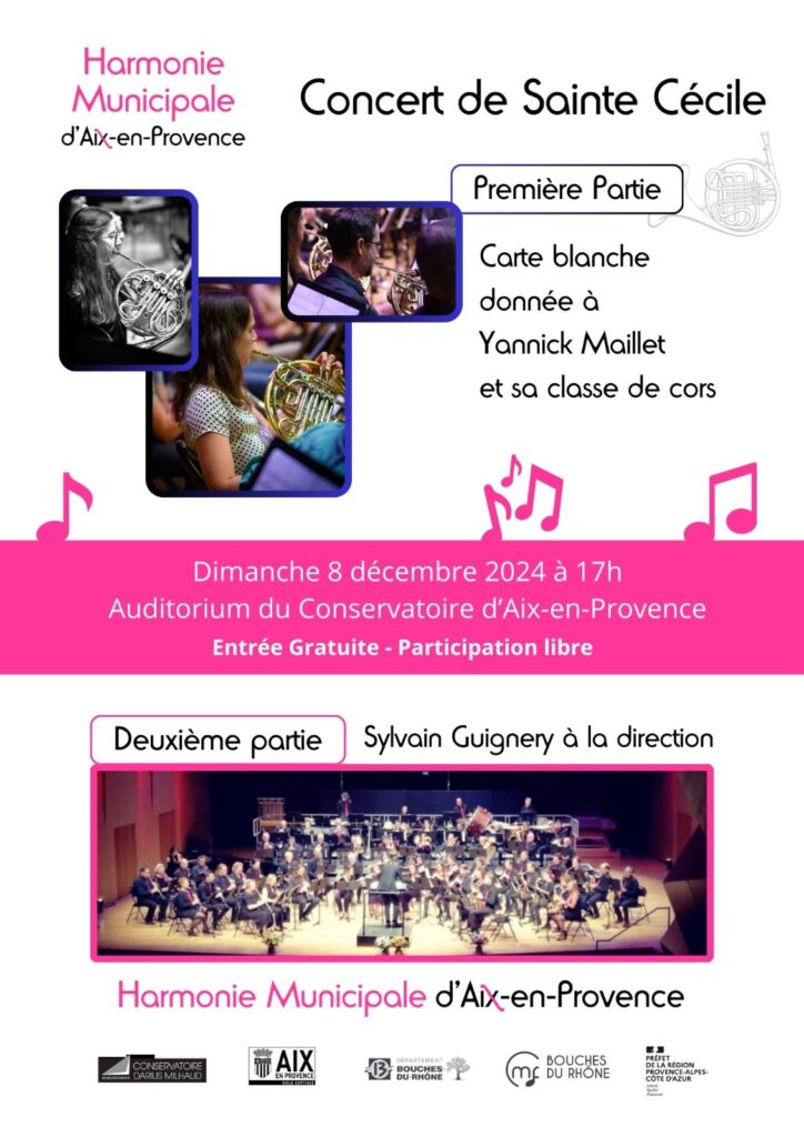 Affiche pour le concert de la Sainte Cécile, édition 2024, avec le professeur Yannick Maillet et sa classe de cors, et les musiciens de l'Harmonie Municipale d'Aix-en-Provence.